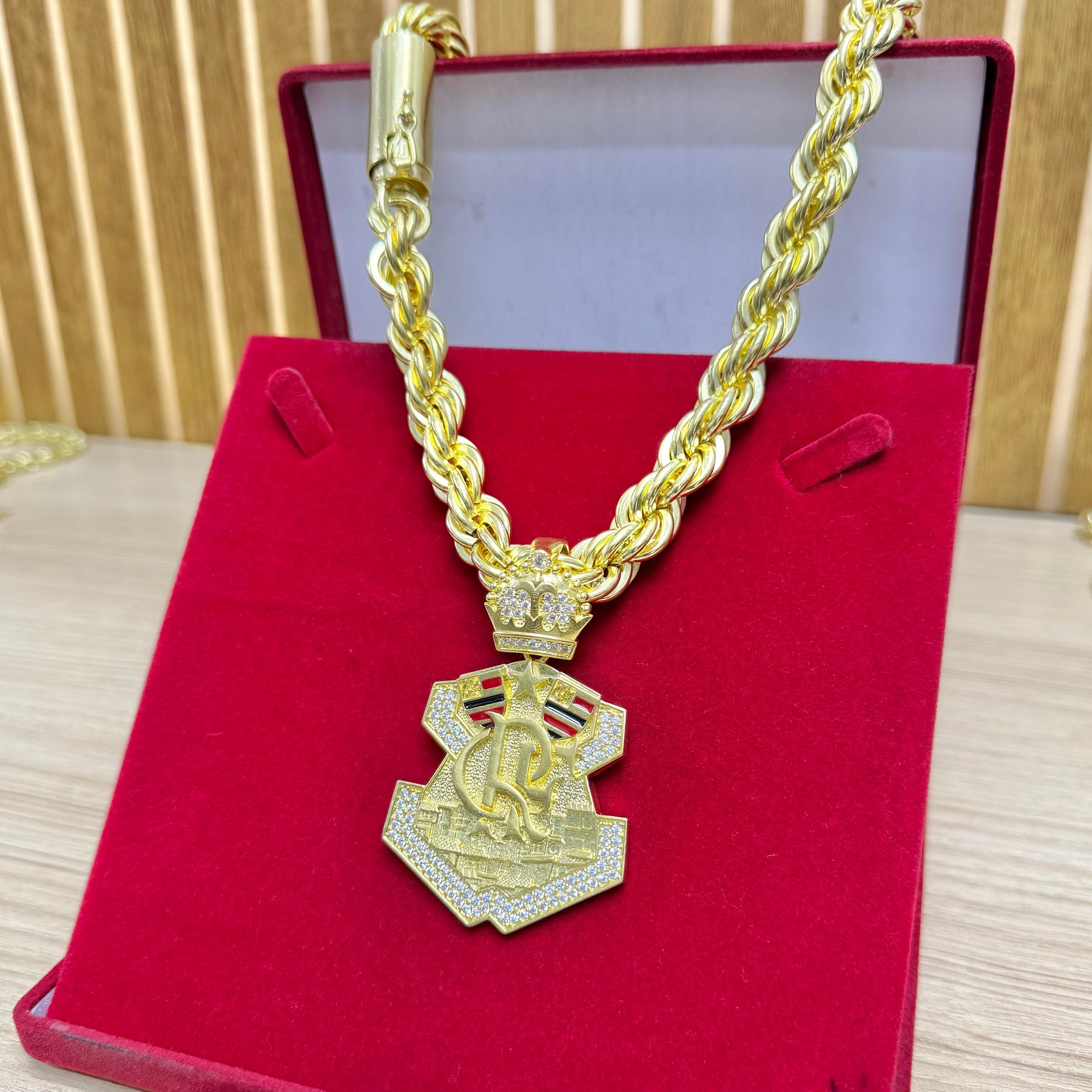 CORRENTE ELO BAIANO CORDA 20MM + PINGENTE FLAMENGO CRAVEJADO C/ RESINA