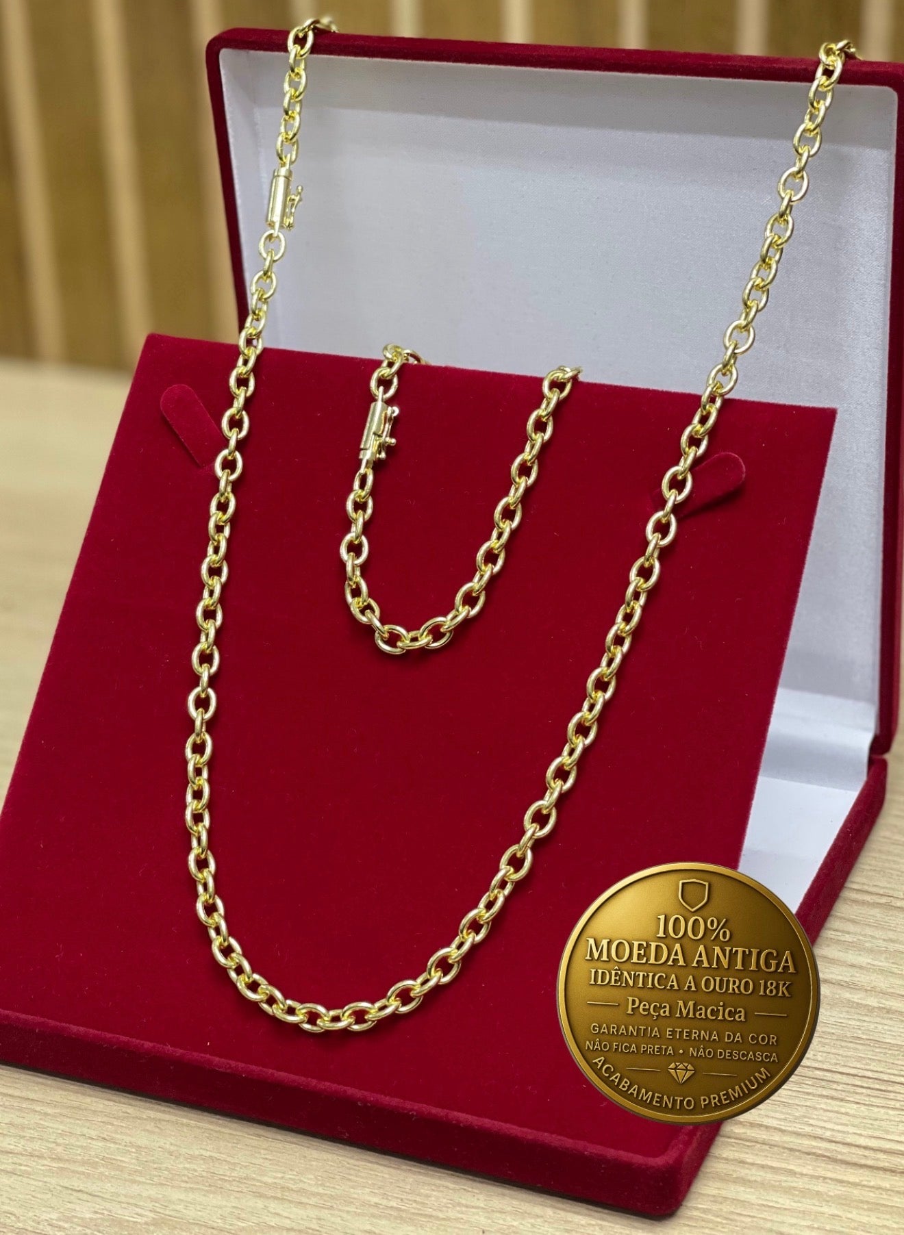 CORRENTE ELO CADEADO BOLEADO 6MM + PINGENTE BRINDE + PULSEIRA BRINDE