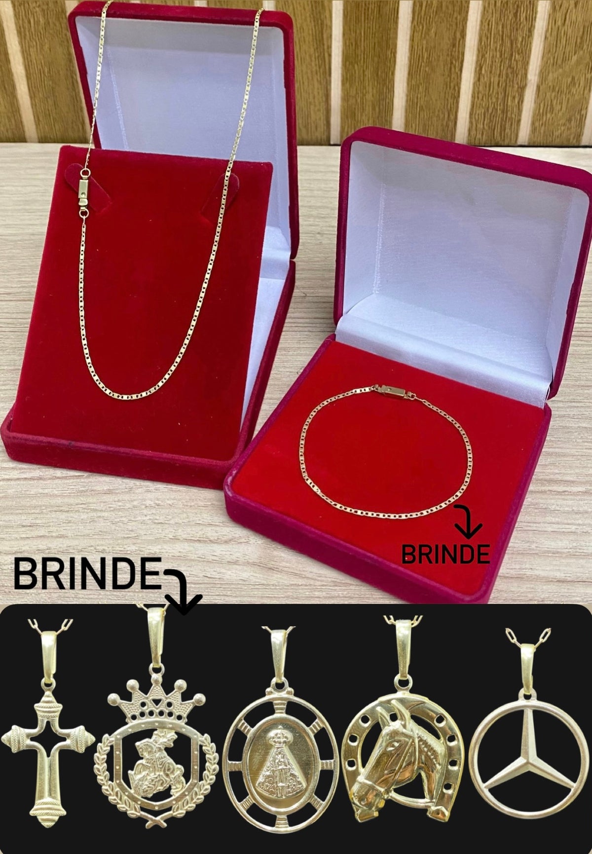 KIT CORRENTE ELO PIASTRINI 2MM + PULSEIRA BRINDE + PINGENTE BRINDE