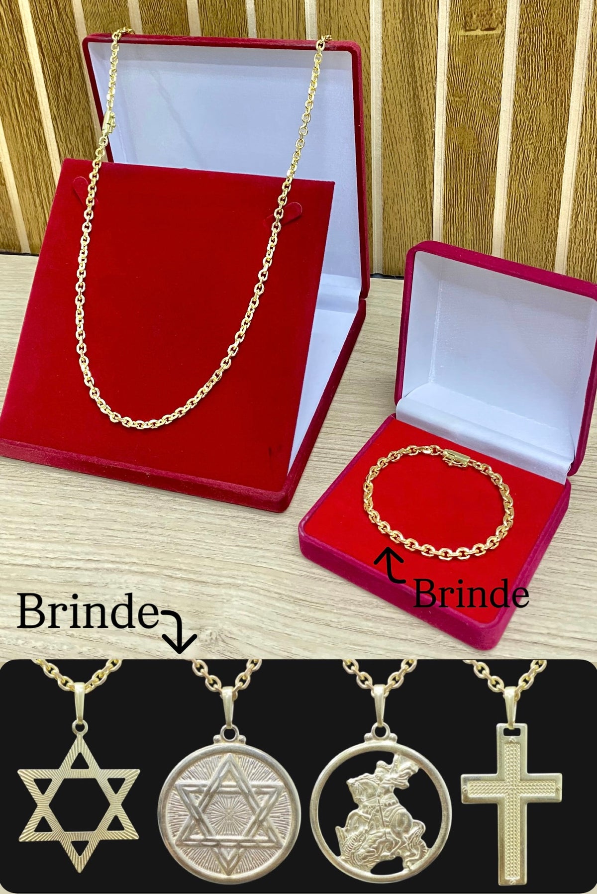 CORRENTE ELO CADEADO QUINA 6MM + PINGENTE BRINDE + PULSEIRA DE BRINDE