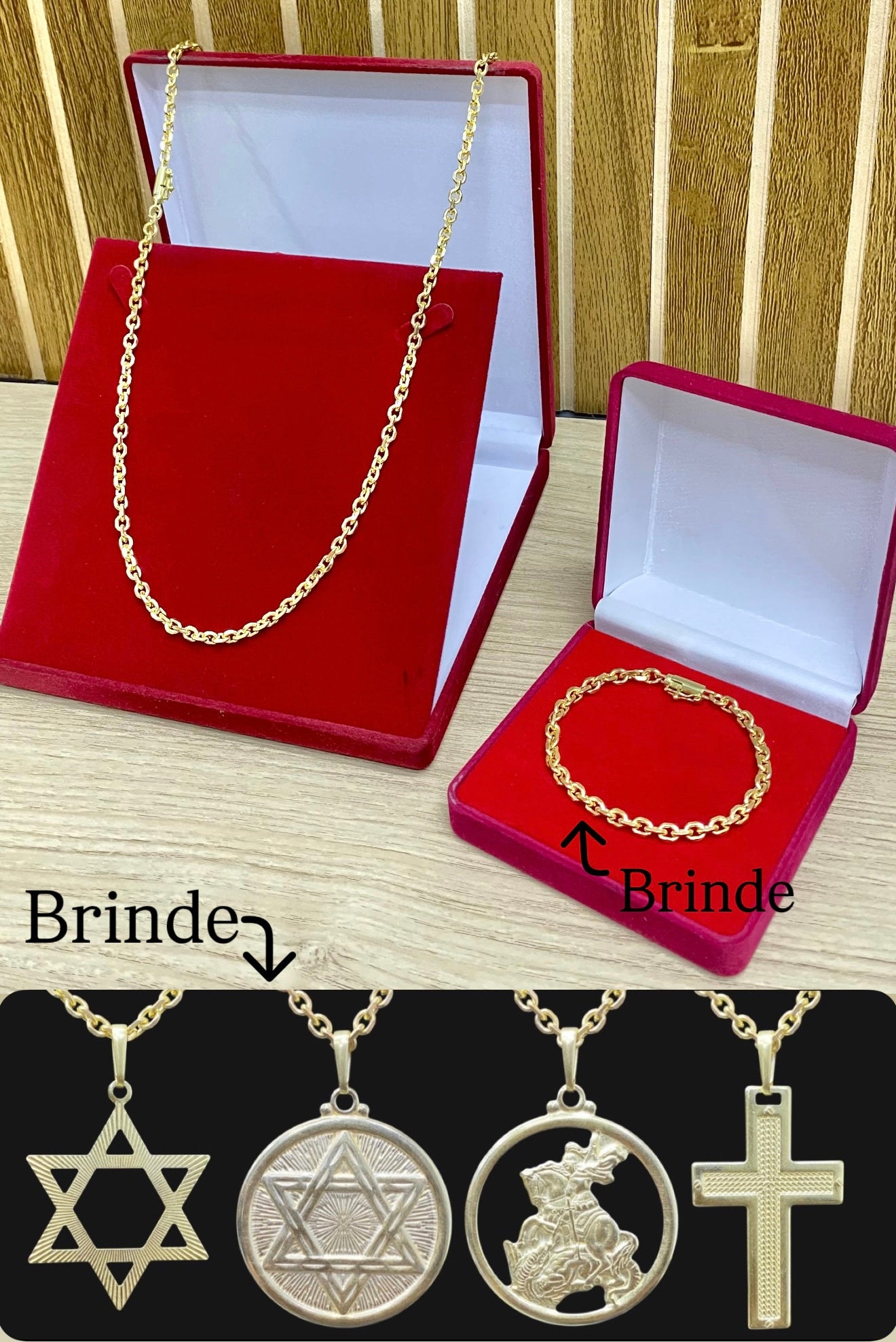 CORRENTE ELO CADEADO QUINA 6MM + PINGENTE BRINDE + PULSEIRA DE BRINDE