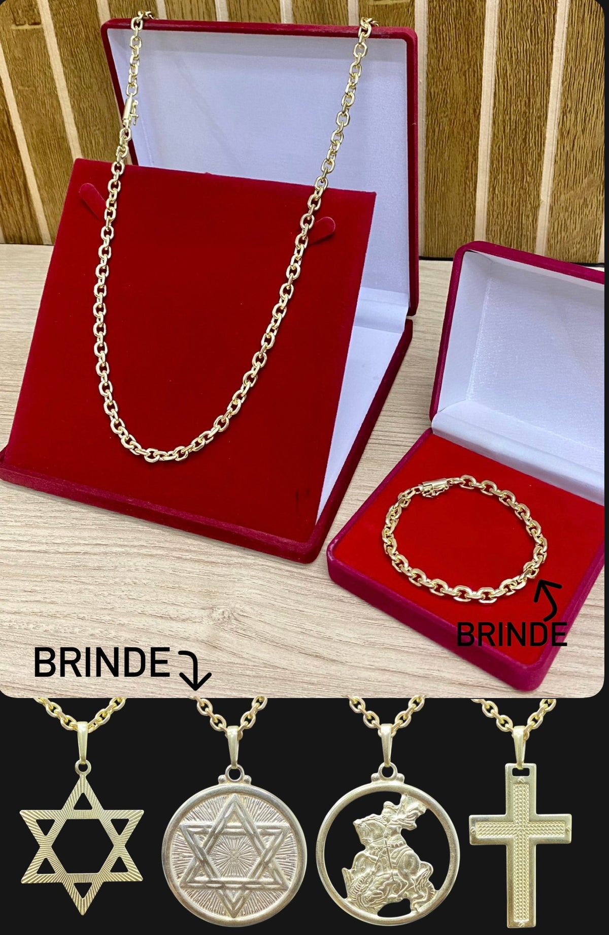 CORRENTE ELO CADEADO QUINA 8MM + PINGENTE BRINDE + PULSEIRA BRINDE