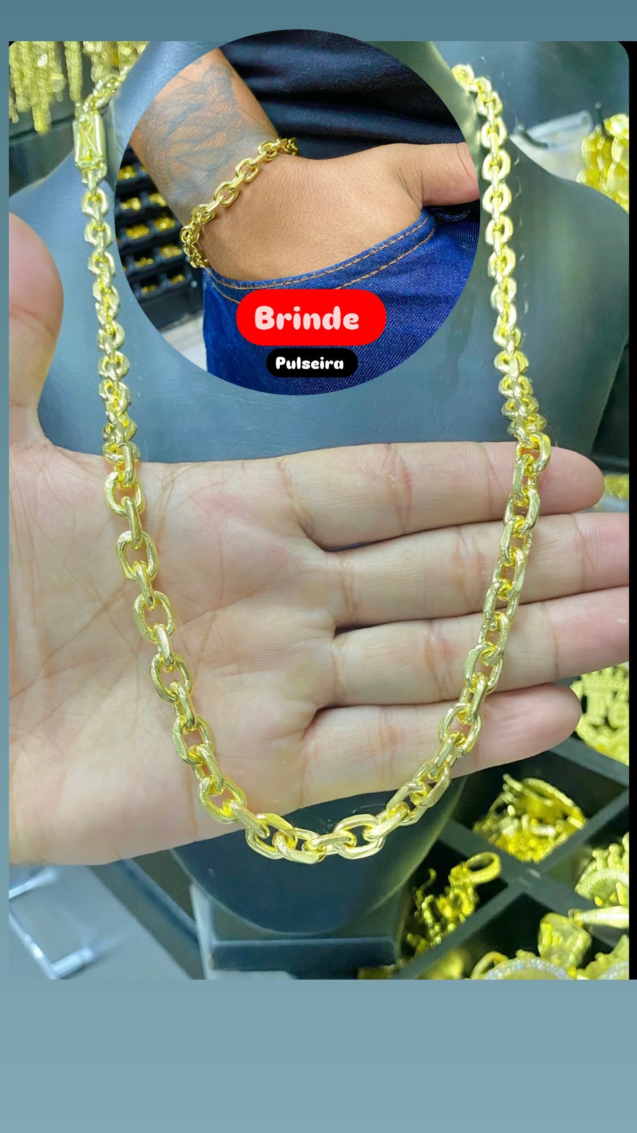 CORRENTE ELO CADEADO QUINA 10MM - 70CM + PULSEIRA BRINDE