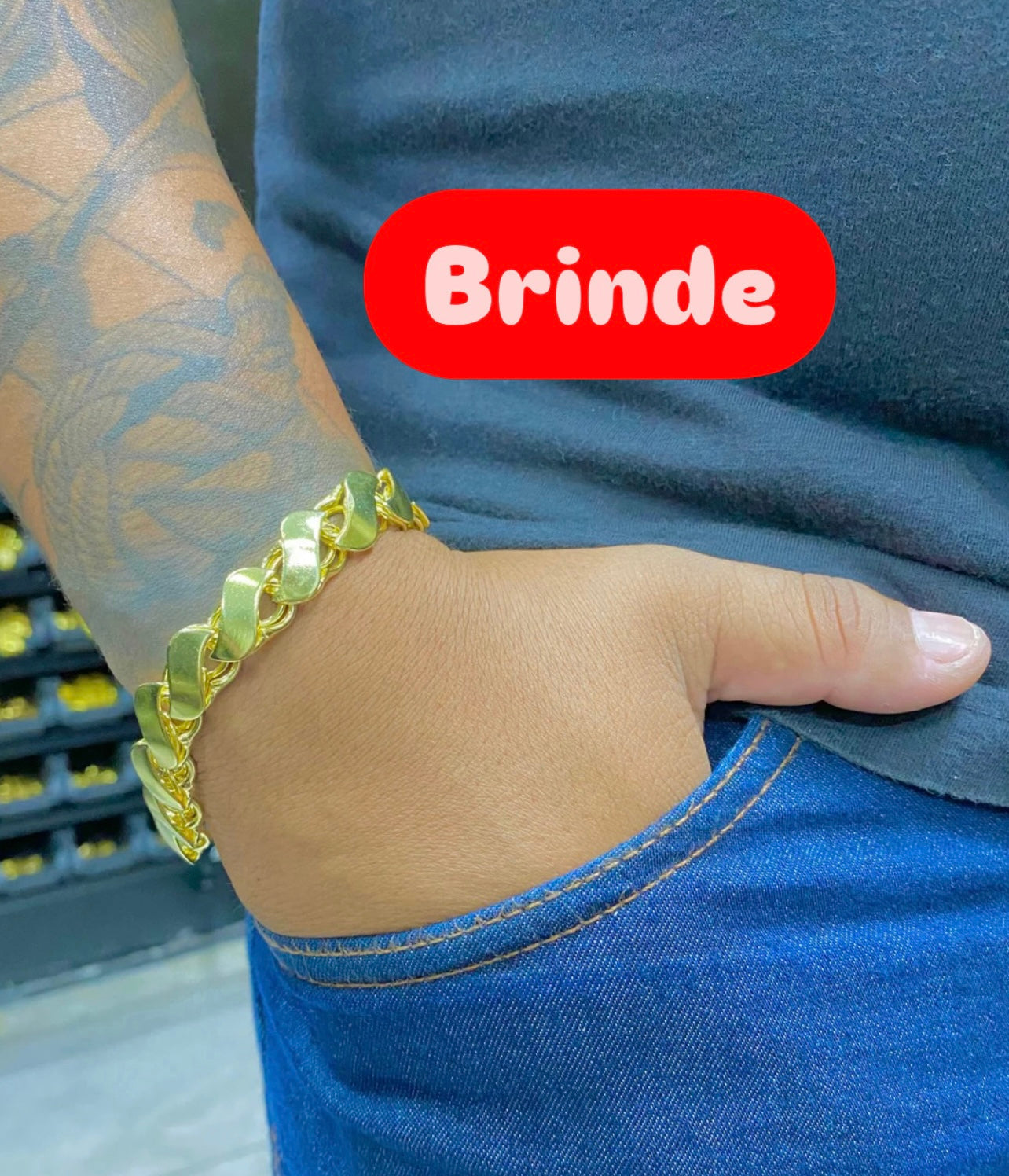 CORRENTE ELO FRISO S 12MM + PINGENTE TREVO DA SORTE CRAVEJADO + BRINDE PULSEIRA