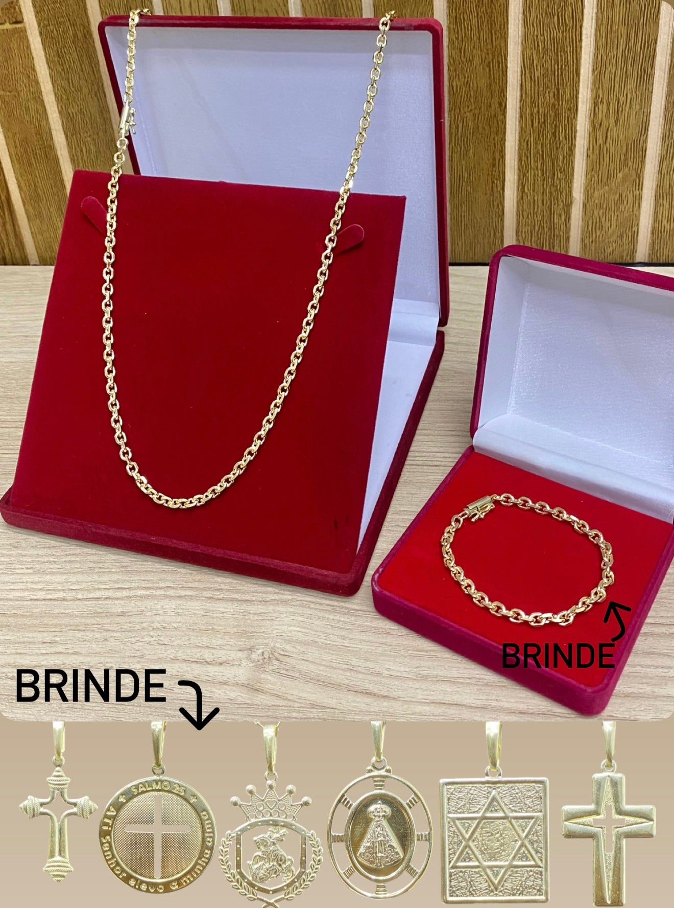 CORRENTE ELO CADEADO QUINA 4MM + PINGENTE BRINDE + PULSEIRA BRINDE