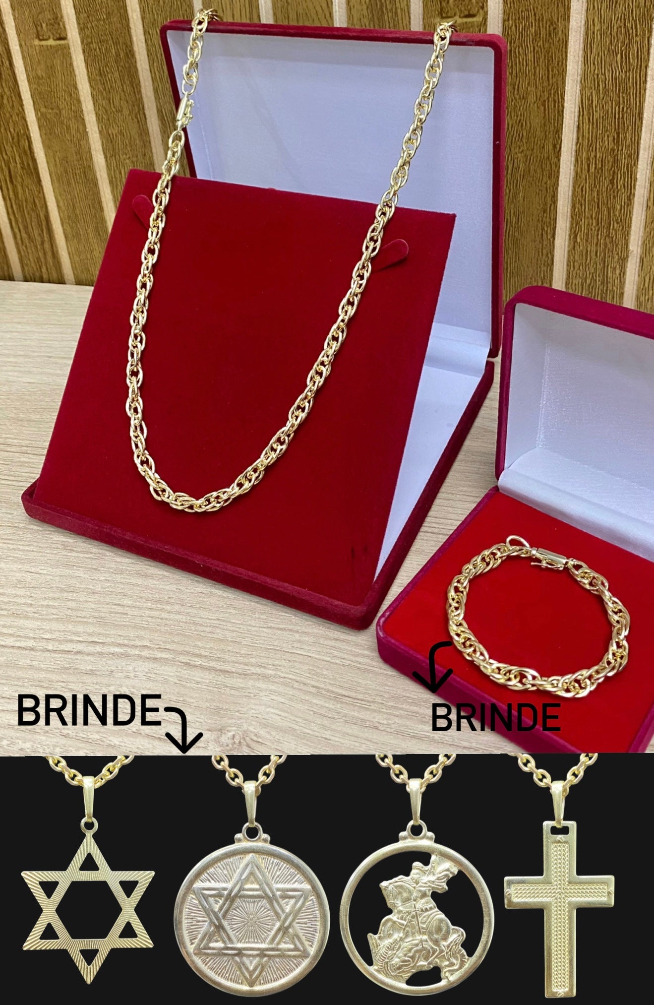 CORRENTE ELO TRANÇADO 8MM + PINGENTE BRINDE + PULSEIRA BRINDE