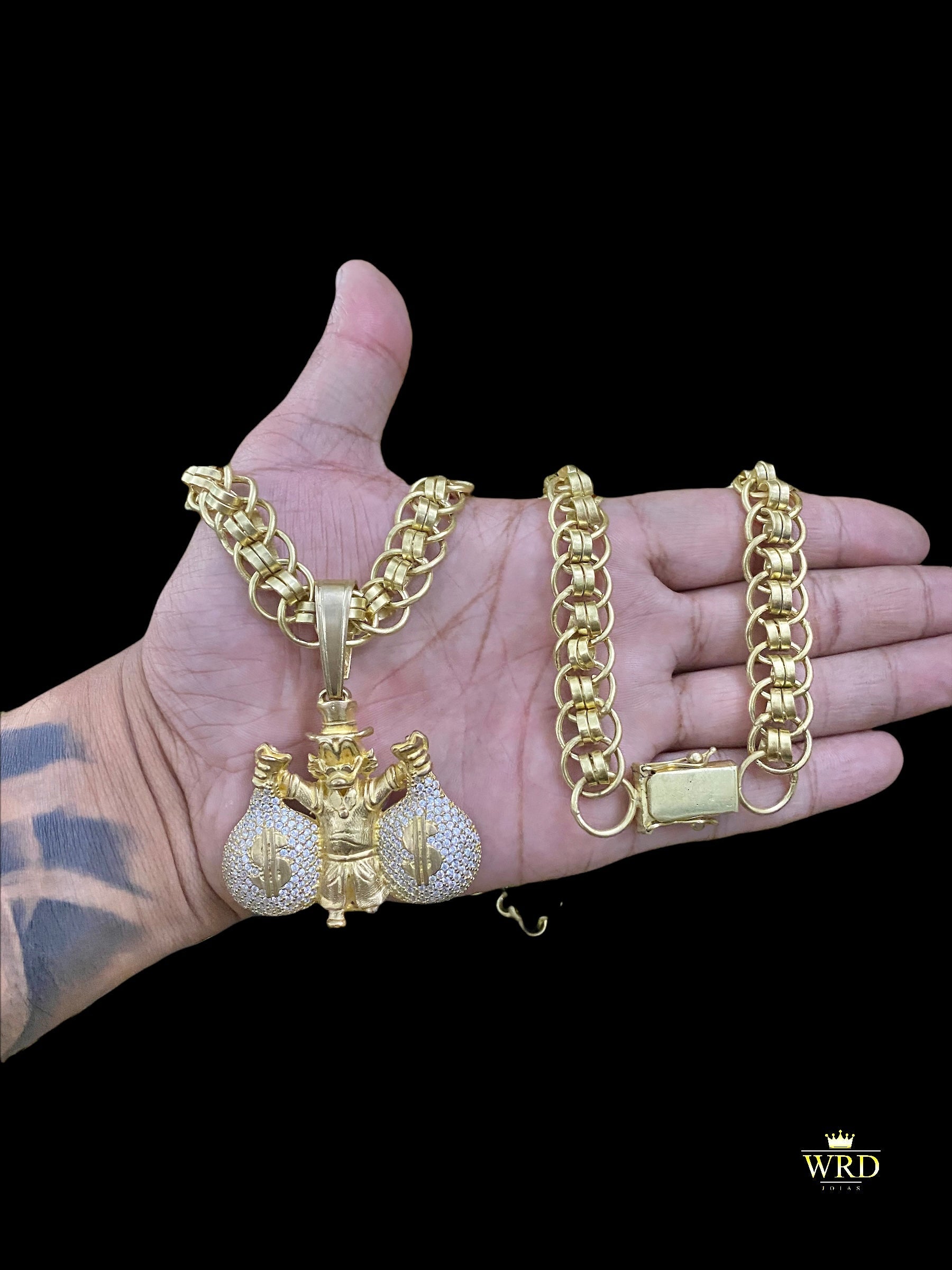 CORRENTE ELO IMPERADOR 14MM COM PINGENTE TIO PATINHAS CRAVEJADO - WRDJOIAS