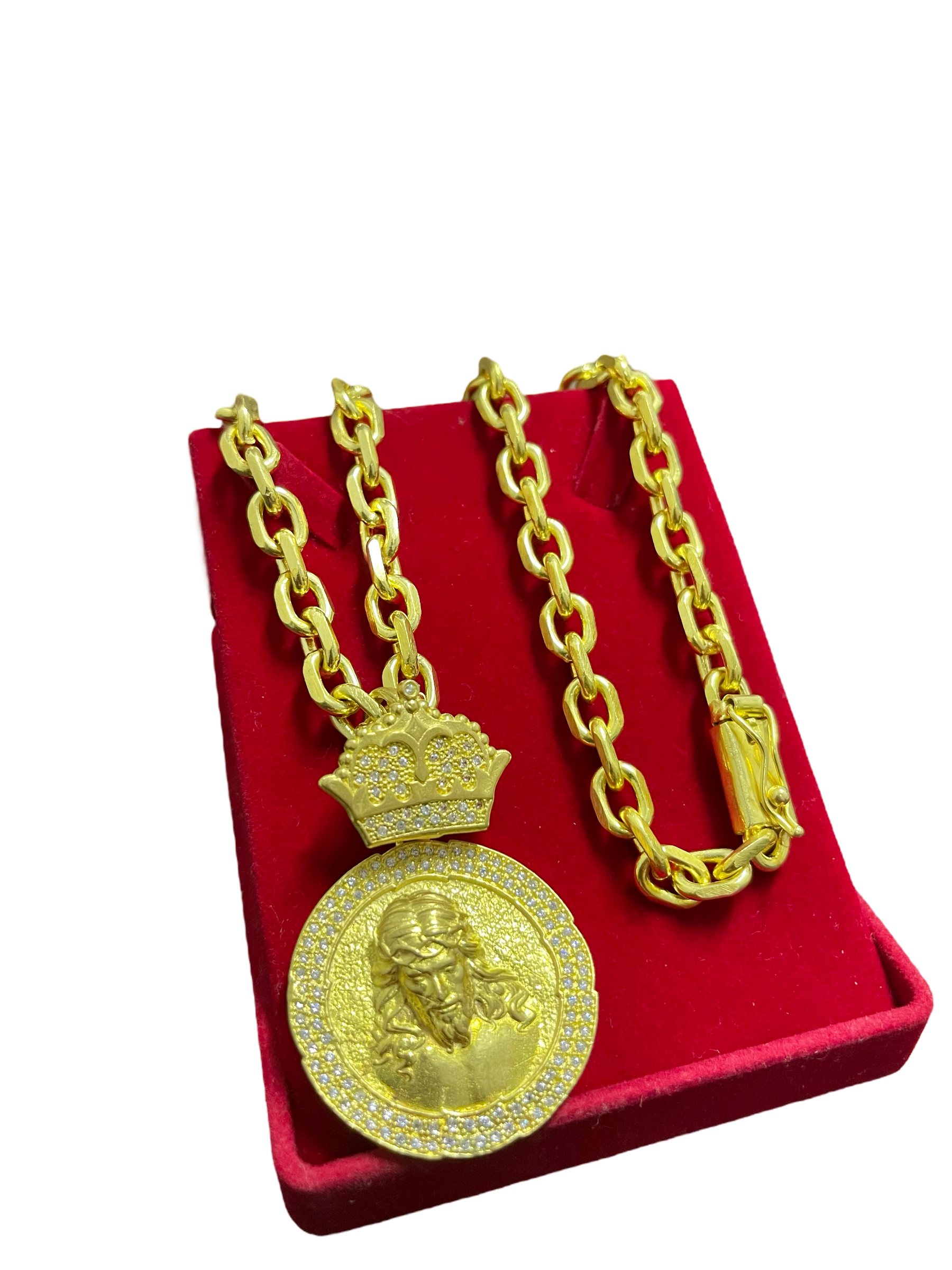 CORRENTE ELO CADEADO QUINA 12MM + PINGENTE REI JESUS BORDA CRAVEJADA - WRDJOIAS