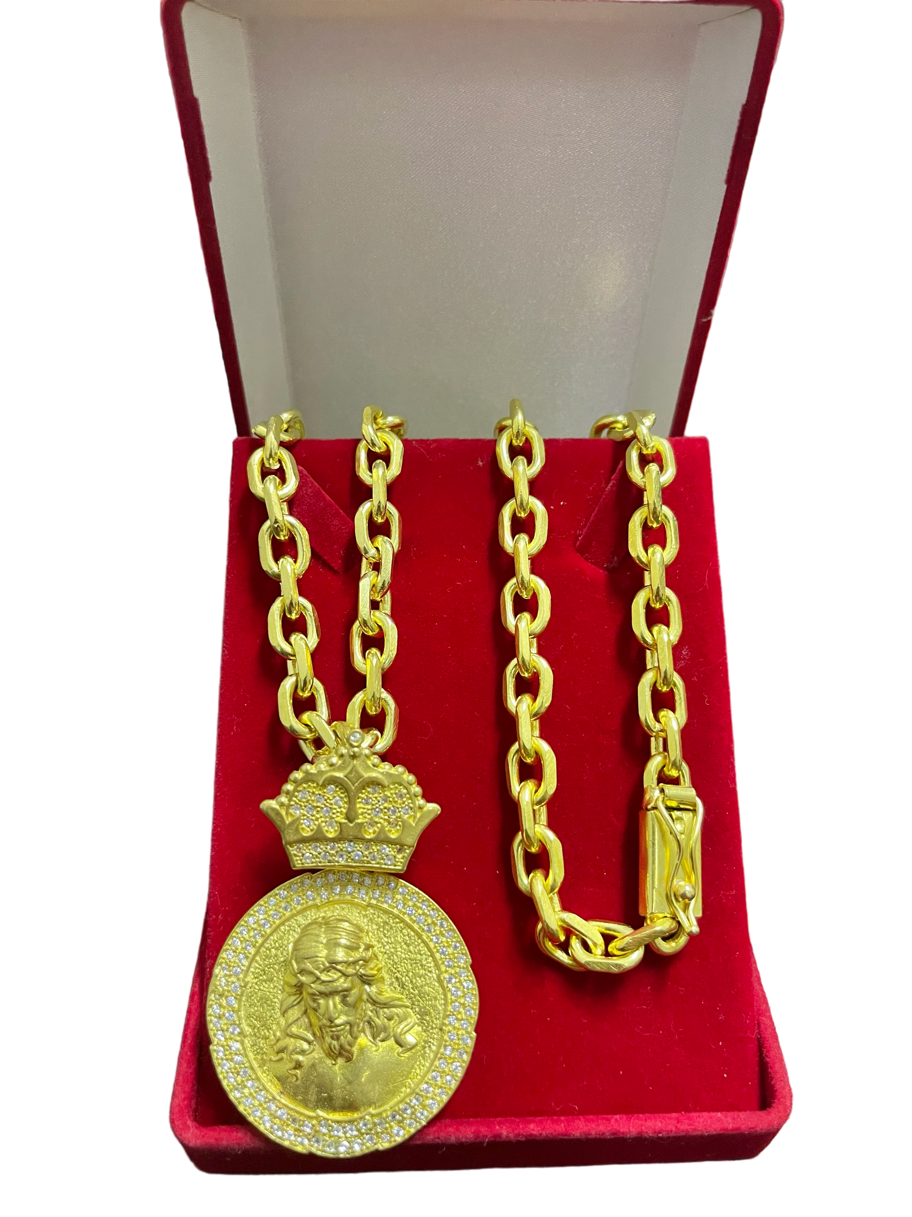 CORRENTE ELO CADEADO QUINA 12MM + PINGENTE REI JESUS BORDA CRAVEJADA - WRDJOIAS