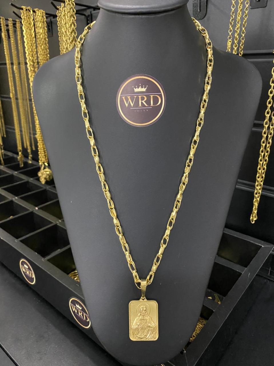 CORRENTE ELO TRANÇADO 8MM + PINGENTE PLACA JESUS QUADRADA - WRDJOIAS