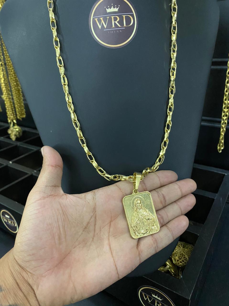 CORRENTE ELO TRANÇADO 8MM + PINGENTE PLACA JESUS QUADRADA - WRDJOIAS