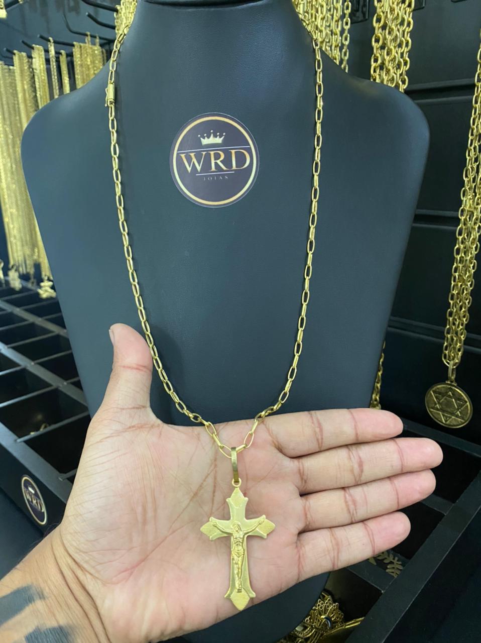 CORRENTE TIJOLINHO BOLEADO (3MM) + PINGENTE CRUZ JESUS - WRDJOIAS