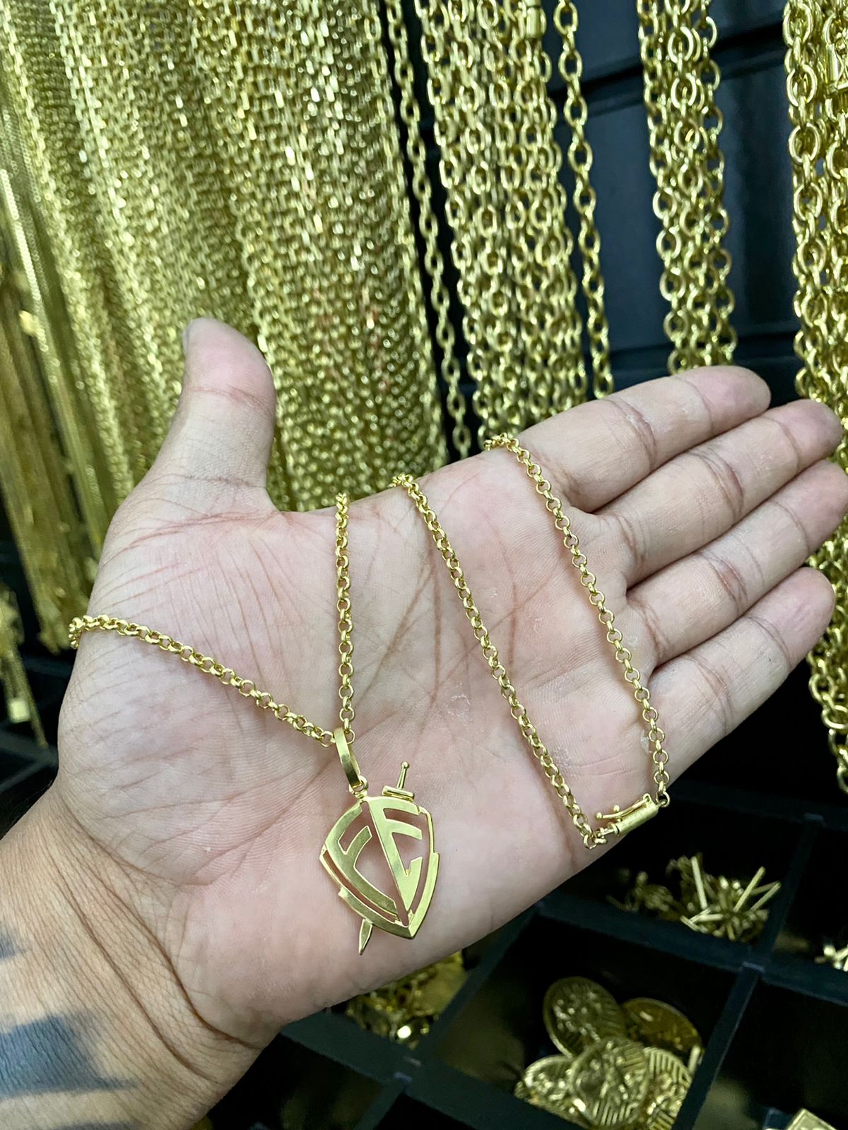 CORRENTE ELO PORTUGUES + PINGENTE FE VAZADO - WRDJOIAS