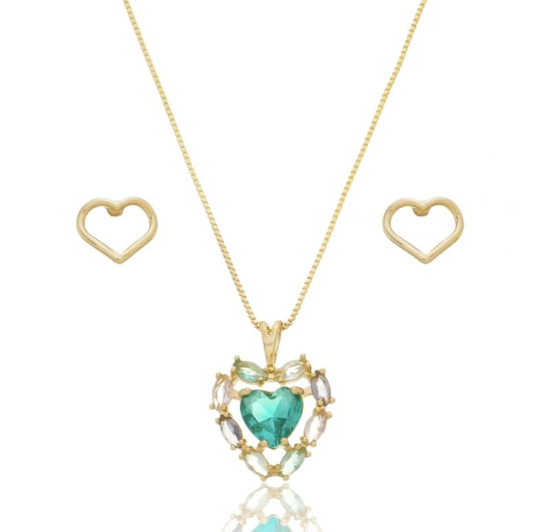 KIT COLAR + BRINCO CORAÇÃO CRISTAL VERDE.