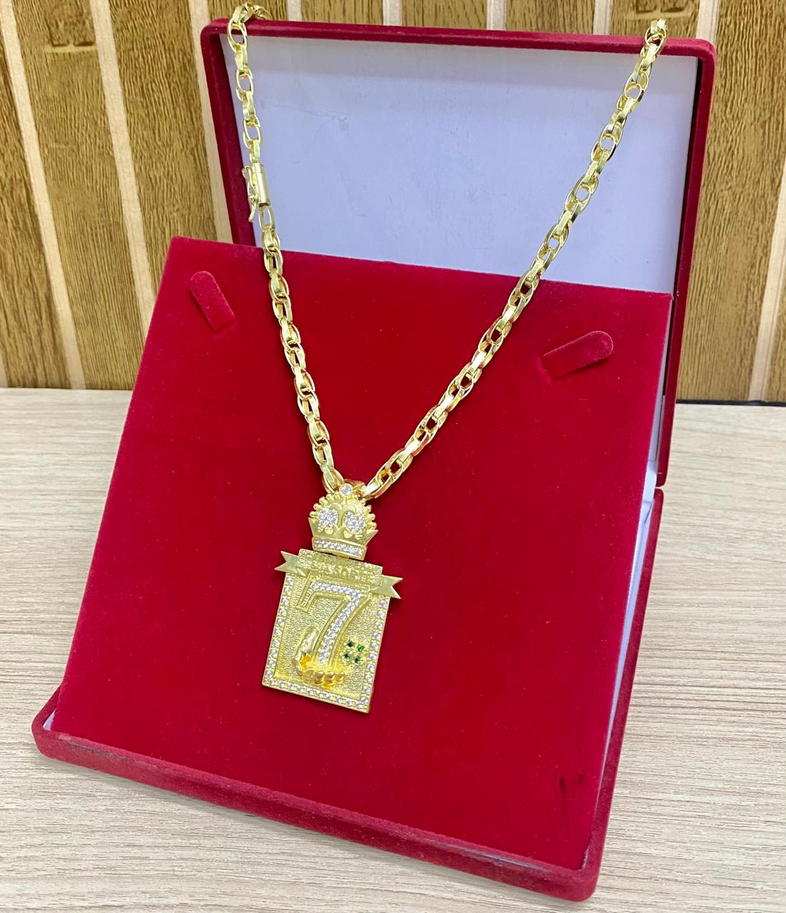 CORRENTE ELO TRANÇADO 6MM + PINGENTE 7 PLACA CRAVEJADO