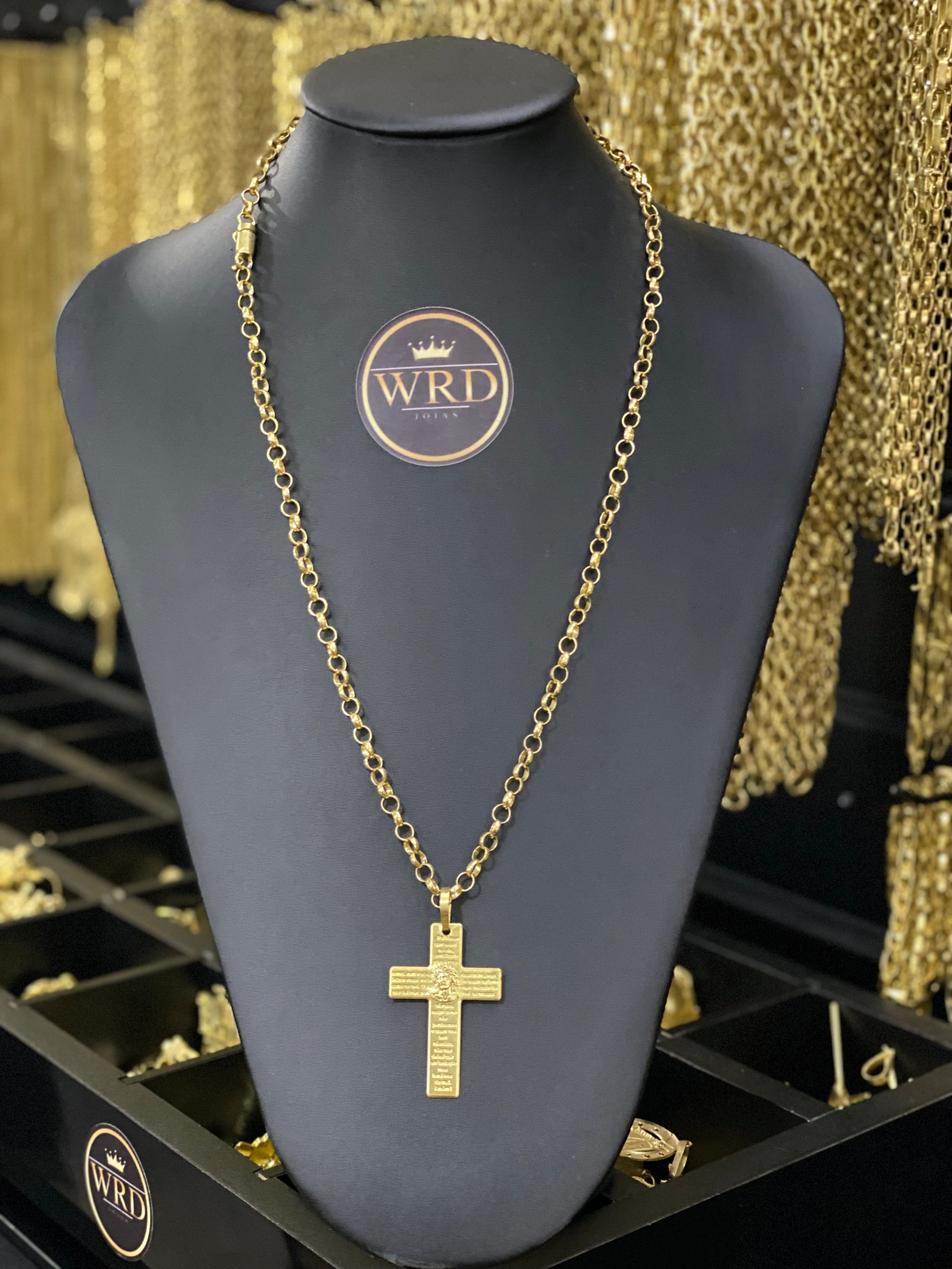 CORRENTE ELO PORTUGUÊS 7MM COM PINGENTE CRUCIFIXO BIBLIA - WRDJOIAS