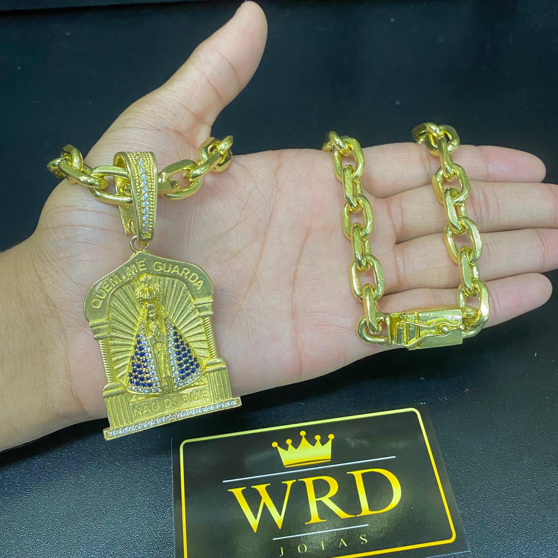 CORRENTE ELO CADEADO 14MM + PINGENTE NOSSA SENHORA - WRDJOIAS