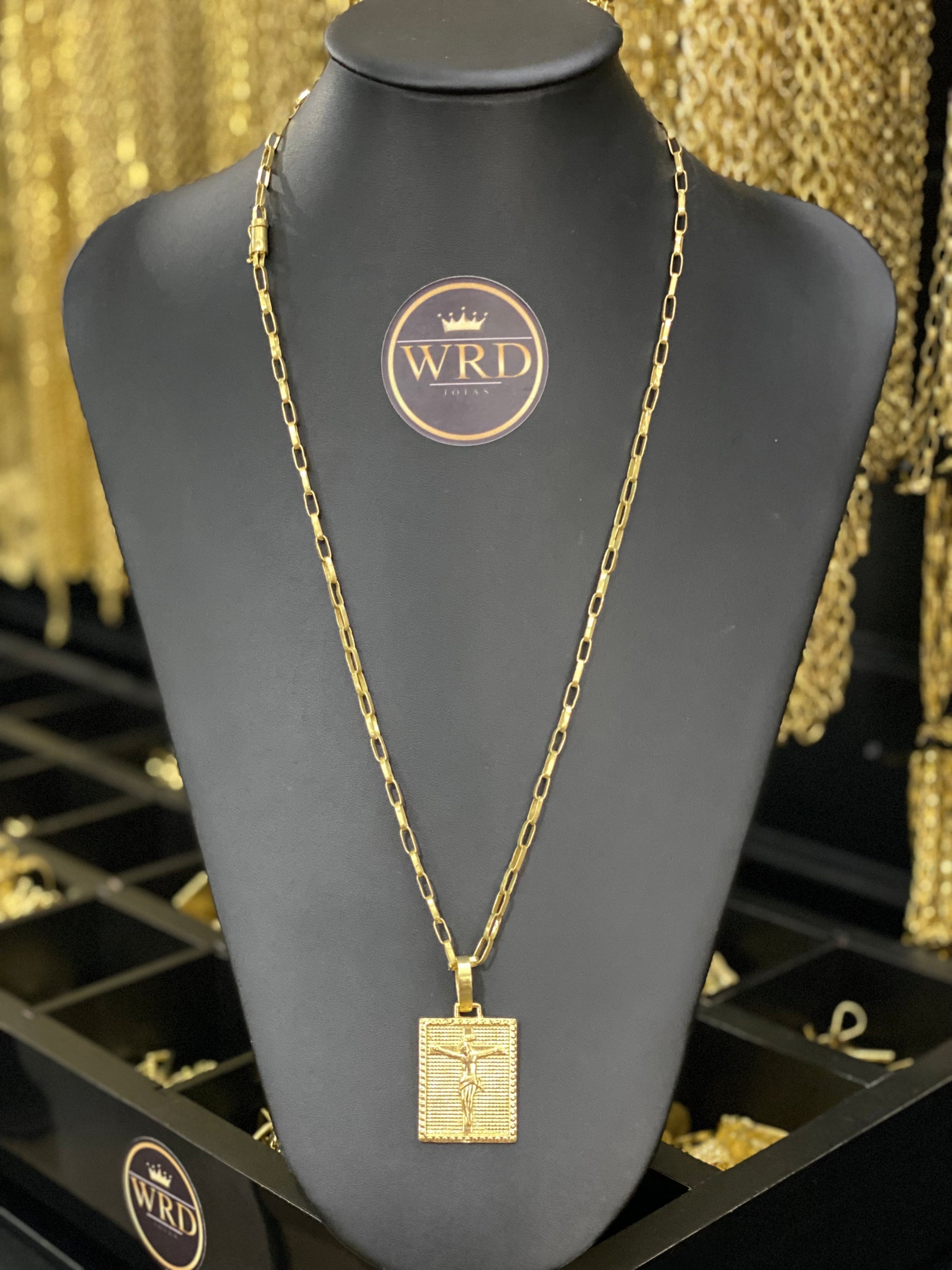 CORRENTE ELO TIJOLINHO 4MM COM PINGENTE PLACA JESUS - WRDJOIAS