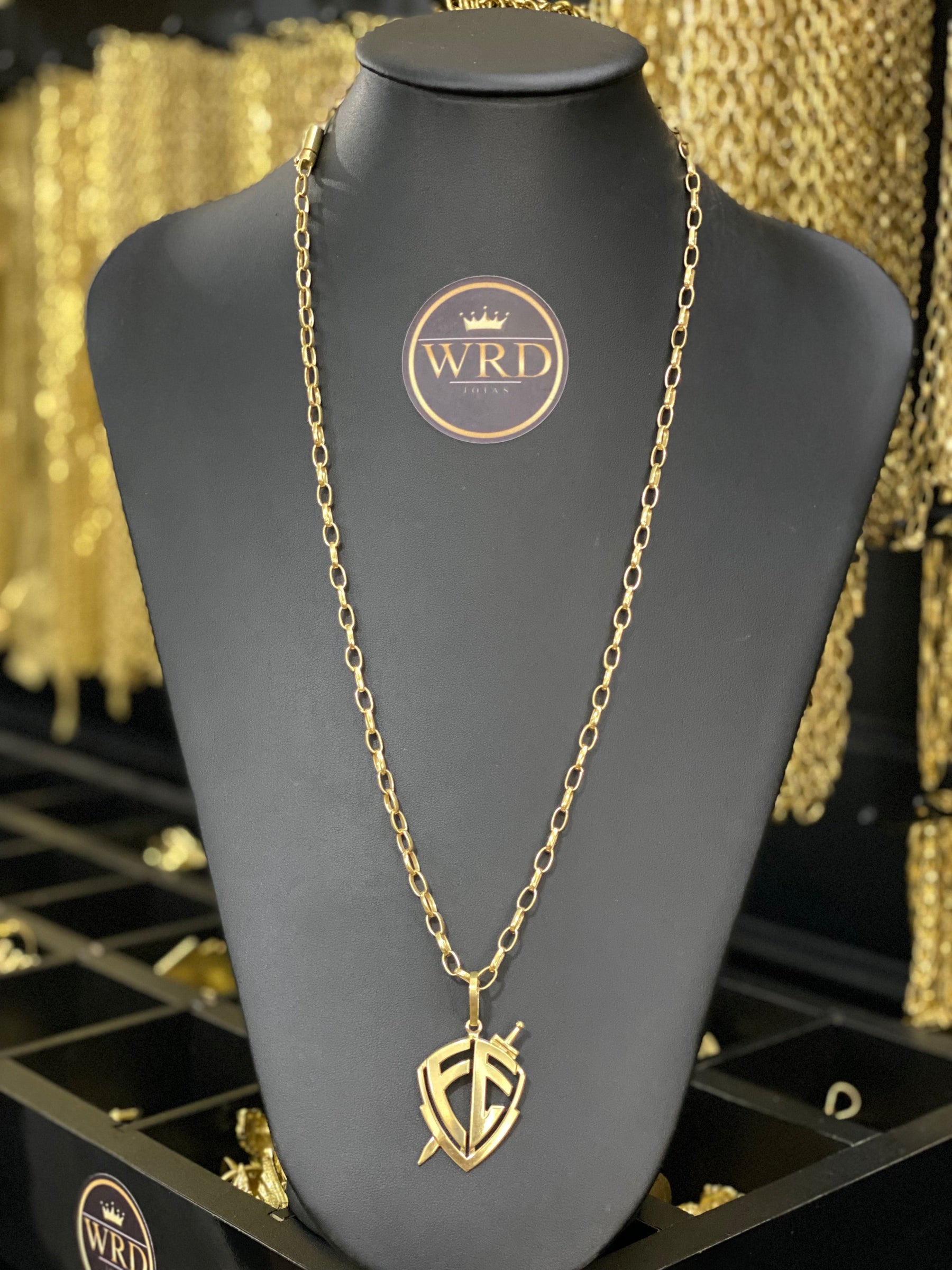 CORRENTE ELO TIJOLINHO 3MM BOLEADO COM PINGENTE FÉ - WRDJOIAS