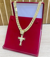 CORRENTE ELO GRUMET 14MM + PINGENTE CRUZ CRAVEJADA COROA