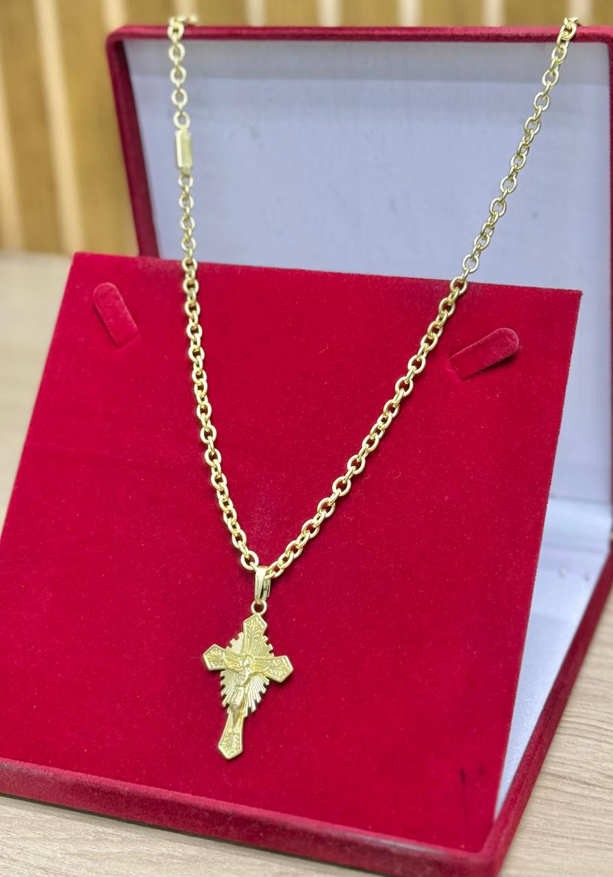 CORRENTE ELO CADEADO BOLEADO 4MM + PINGENTE CRUZ JESUS DETALHADA