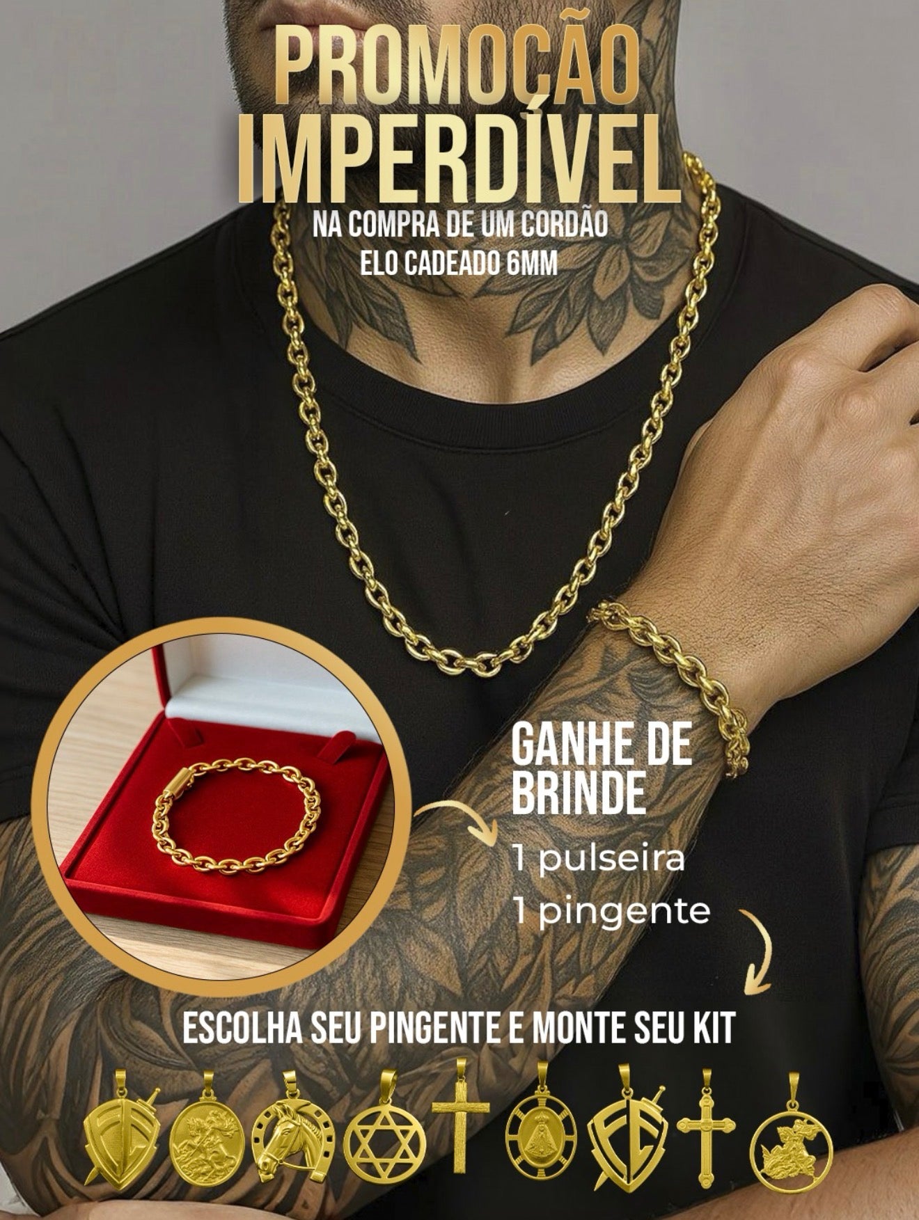 CORRENTE ELO CADEADO BOLEADO 6MM + PINGENTE BRINDE + PULSEIRA BRINDE