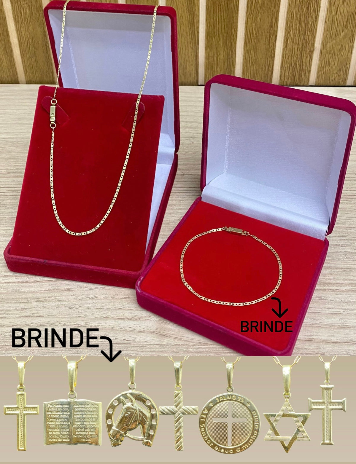 KIT CORRENTE ELO PIASTRINI 2MM + PULSEIRA BRINDE + PINGENTE BRINDE