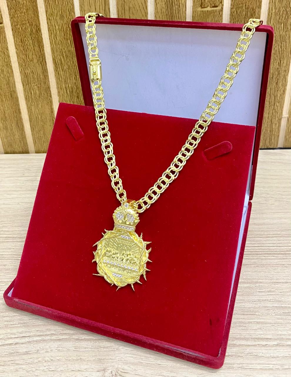 CORRENTE ELO FRISO DUPLO 12MM + PINGENTE SANTA CEIA CRAV