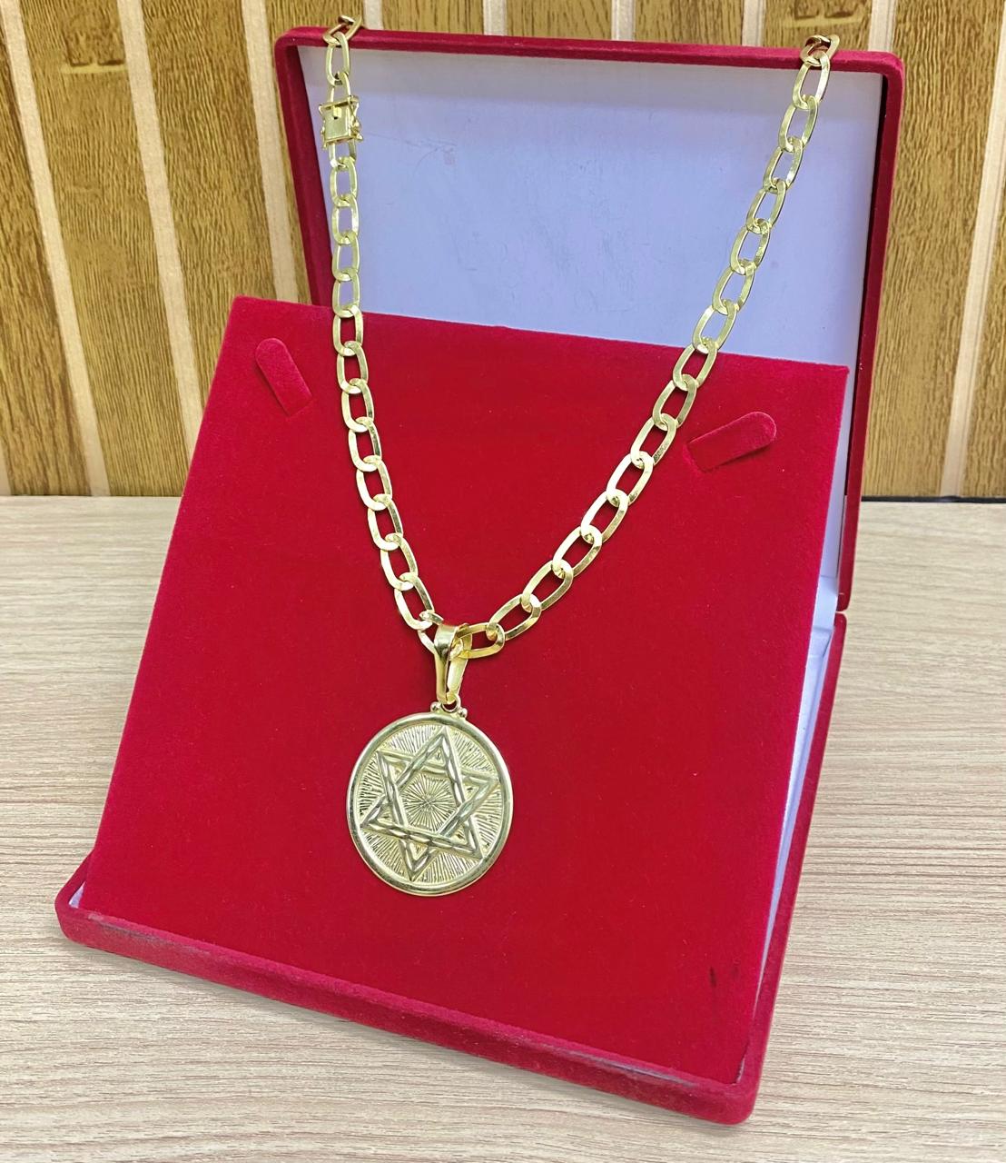 CORRENTE ELO PITBULL LAMINADO 7MM + PINGENTE ESTRELA DE DAVI MEDALHA