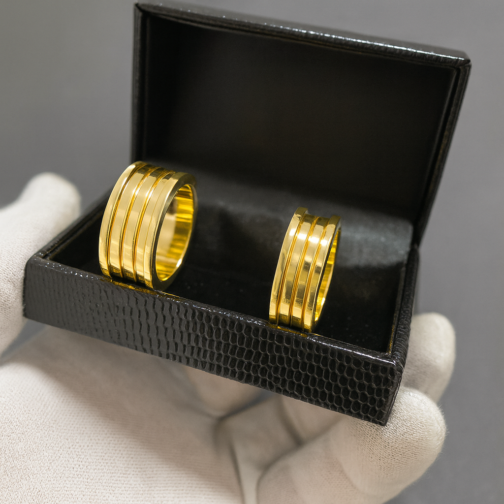 PAR DE ALIANÇAS MODELO BULGARI 02 FRISOS 8MM