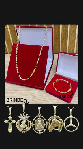 CORRENTE ELO CADEADO BOLEADO 4MM + PINGENTE BRINDE + PULSEIRA BRINDE