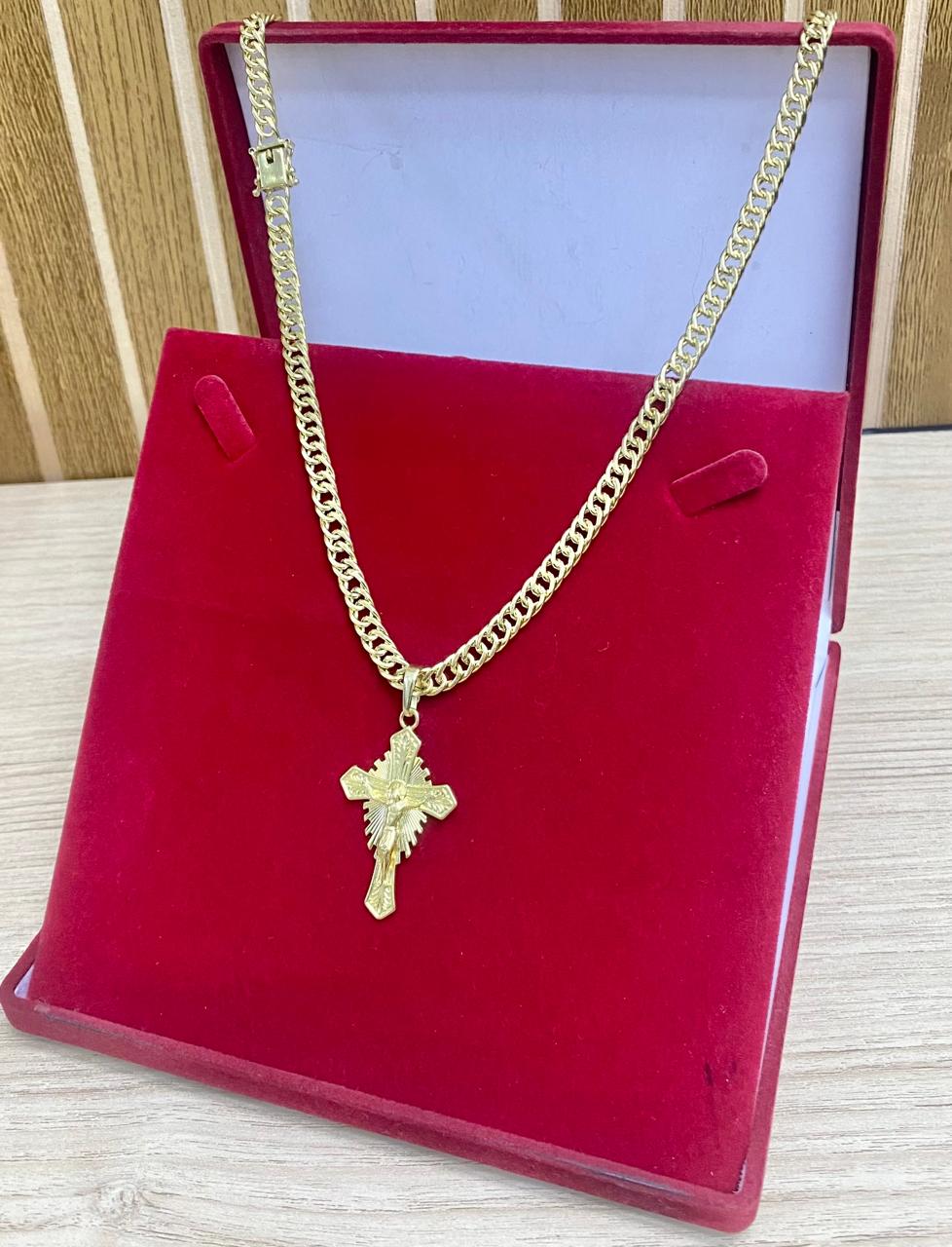 CORRENTE ELO GRUMET 6MM + PINGENTE CRUZ JESUS DETALHADA