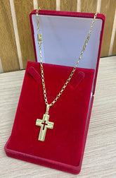CORRENTE ELO TIJOLINHO 2MM + PINGENTE CRUZ 3D VAZADO