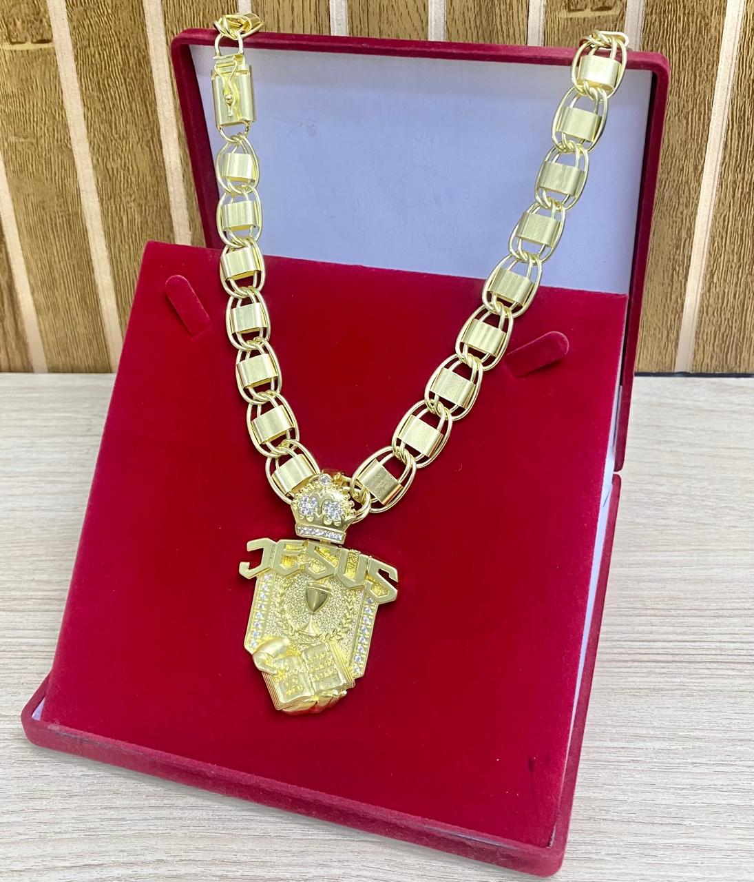 CORRENTE ELO DUBAI 12MM + PINGENTE JESUS BIBLIA CRAV