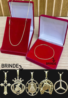 KIT CORRENTE ELO PIASTRINI 2MM + PULSEIRA BRINDE + PINGENTE BRINDE