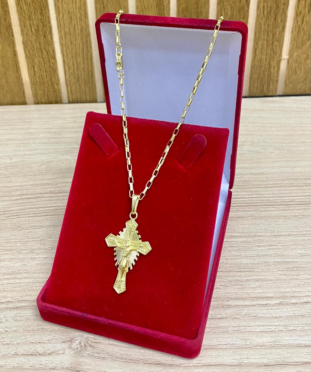 CORRENTE ELO CAIXOTINHO BOLEADO 2MM + PINGENTE CRUZ JESUS DETALHADA