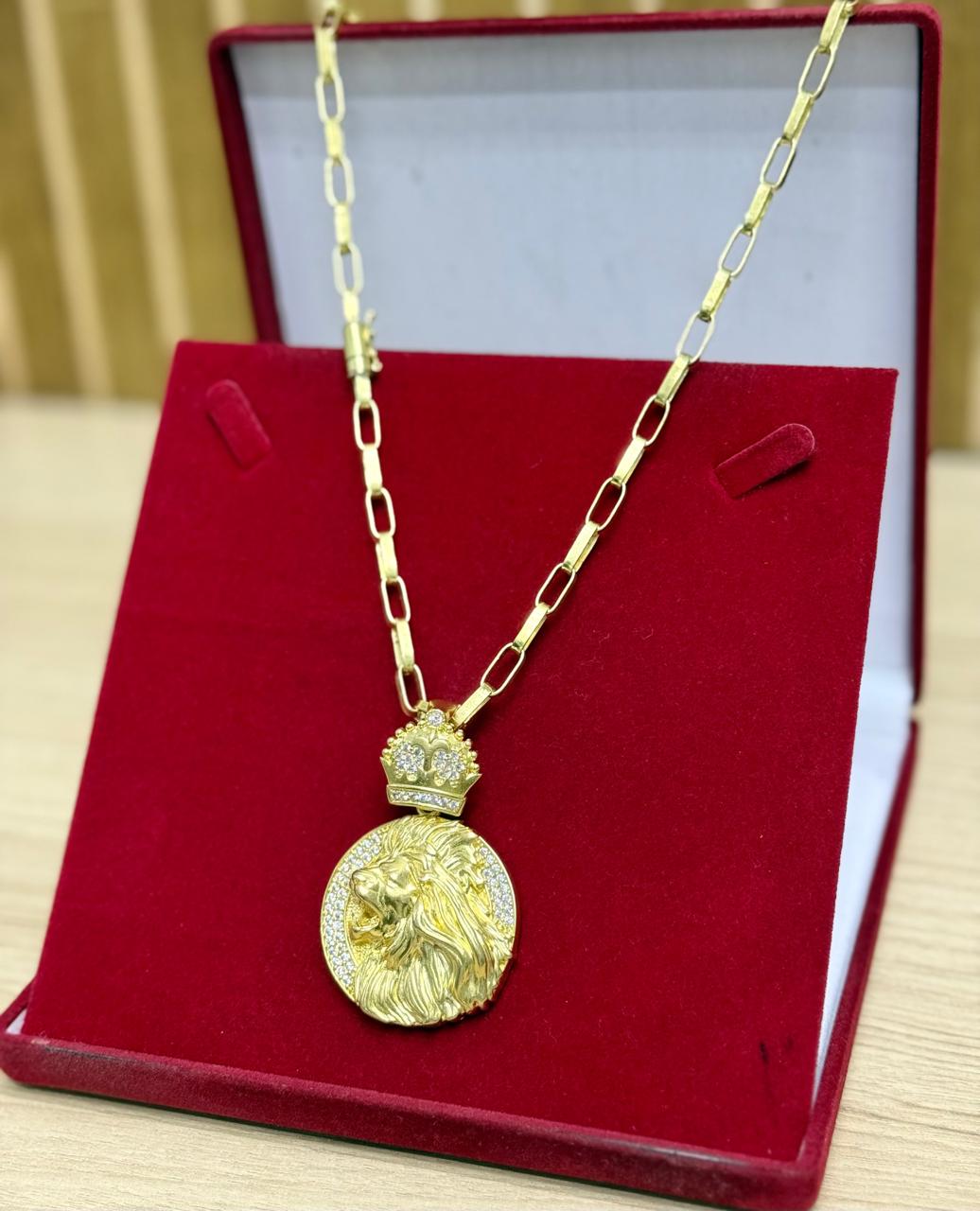 CORRENTE ELO CARTIER RETO 6MM + PINGENTE LEÃO 3D CRAVEJADO