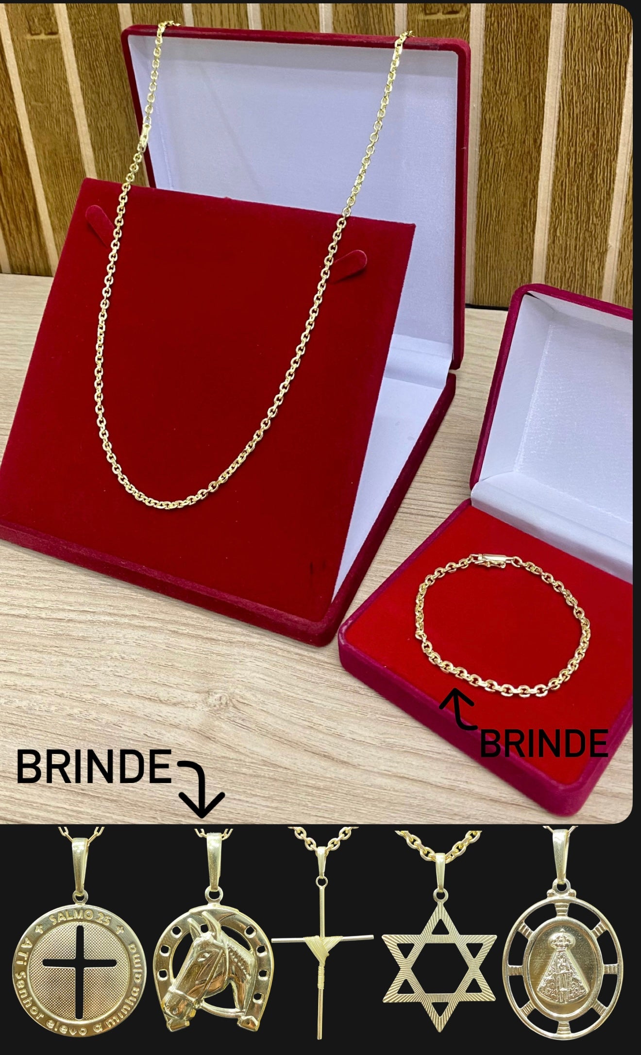 CORRENTE ELO CADEADO QUINA 6MM + PINGENTE BRINDE + PULSEIRA DE BRINDE