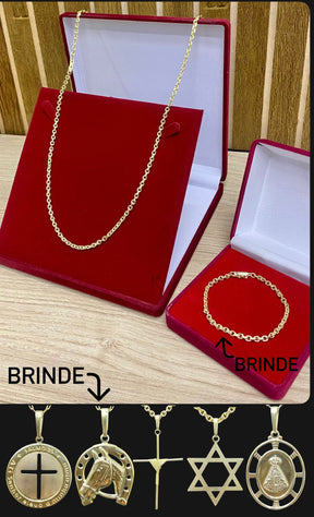 CORRENTE ELO CADEADO QUINA 6MM + PINGENTE BRINDE + PULSEIRA DE BRINDE