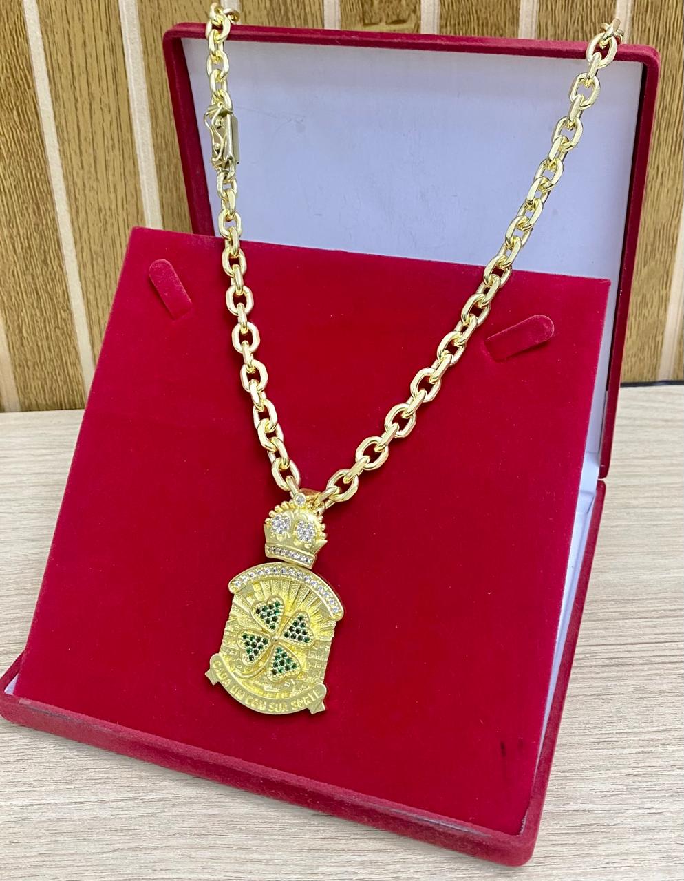 CORRENTE ELO CADEADO 10MM + PINGENTE TREVO CRAVEJADO