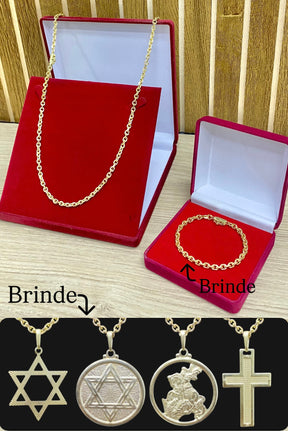 CORRENTE ELO CADEADO QUINA 6MM + PINGENTE BRINDE + PULSEIRA DE BRINDE