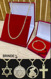 KIT CORRENTE ELO CADEADO QUINA 8MM + PINGENTE+ PULSEIRA BRINDE