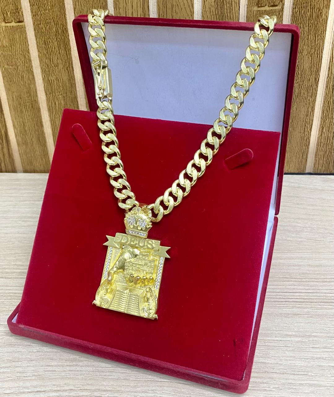 CORRENTE ELO PITBULL 12MM + PINGENTE MÃO BIBLIA CRAV