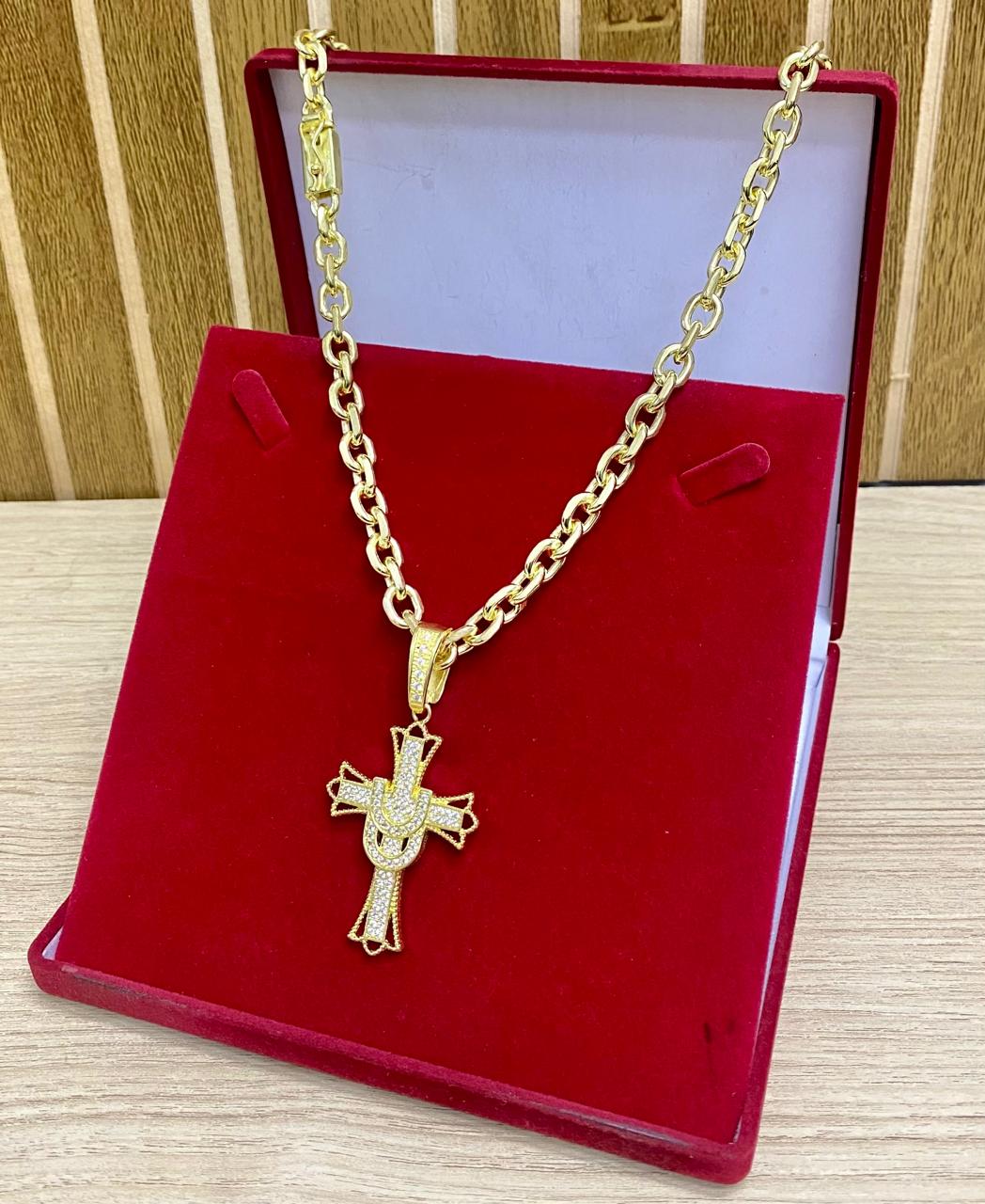 CORRENTE ELO CADEADO QUINA 10MM + PINGENTE CRUZ CRAV