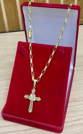 CORRENTE ELO CARTIER RETO 5MM + PINGENTE CRUZ CRAV COLORIDA