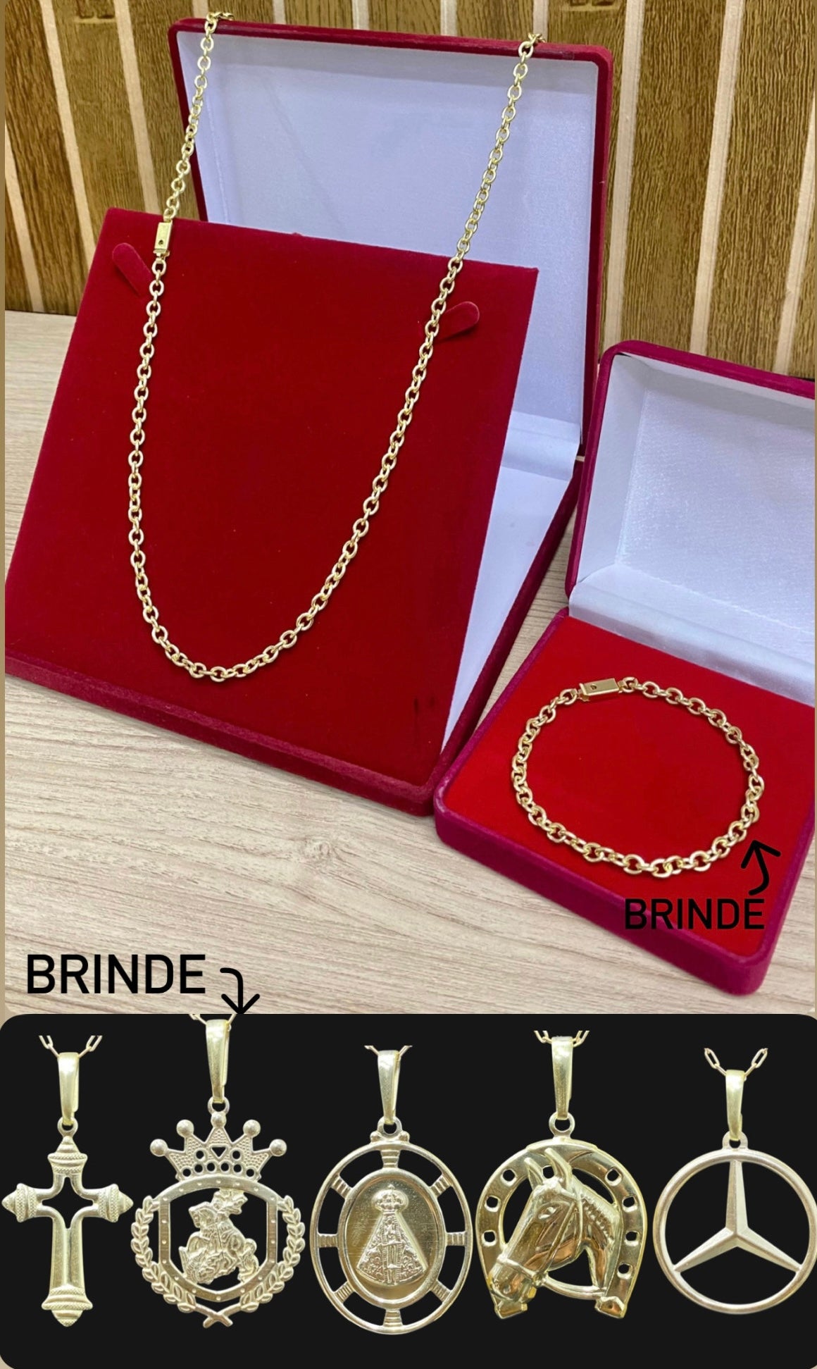 CORRENTE ELO CADEADO BOLEADO 4MM + PINGENTE BRINDE + PULSEIRA BRINDE